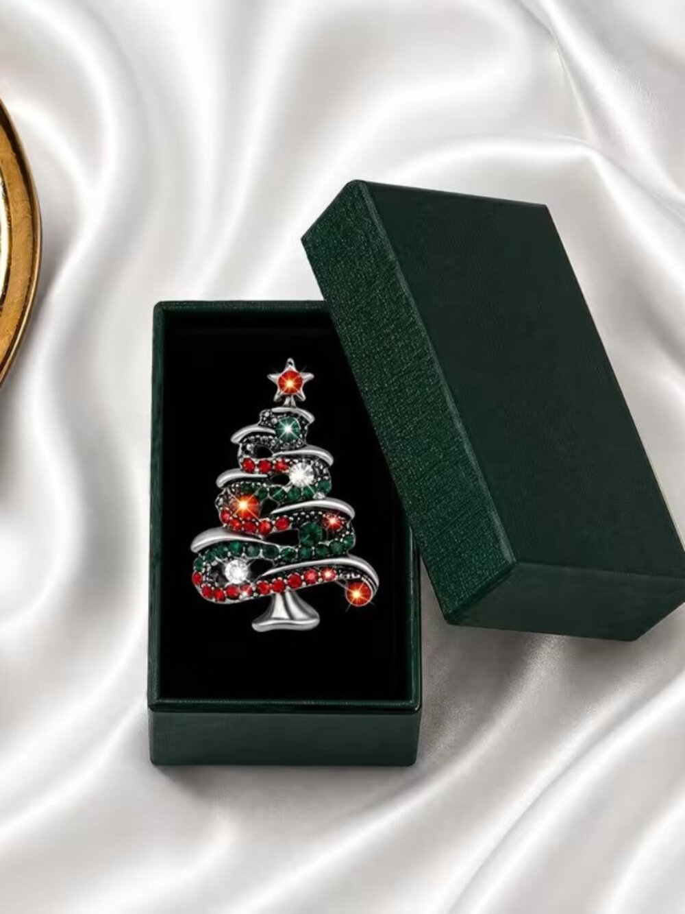Exquisite Seasonal Yule Time Holiday Curvy Xmas Tree Brooch w Rhinestones & Box